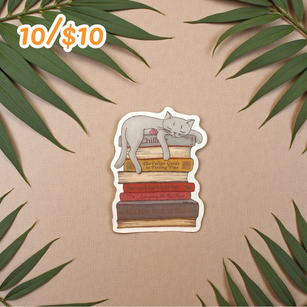 Cat Sitting on Stack of Books Sticker – Matte – Approx. 2¼”